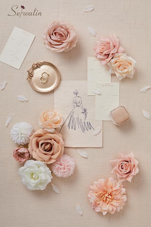 Serwalin Artificial Flowers Terracotta Champagne Flowers, Fake Silk Cake Flowers for Wedding Bridal Bouquets Centerpieces Arrangements Baby Shower Party Cake Home Decor