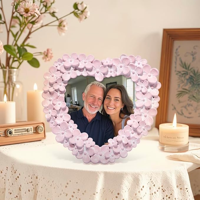 Hodao 4x4 Inch 3D Floral Heart Shaped Frame - Hand-Crafted Resin Picture Frame with White & Gold Accents for Wedding, Valentine’s Day & Romantic Home Decor (Pink-Heart)