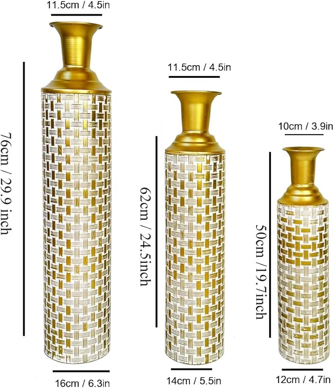 Leewadee Set of 3 Large Floor Vases – Decorative Tall Metal Vases in Gold White (30/24/20 inches) – Elegant Home Decor for Stylish Interiors