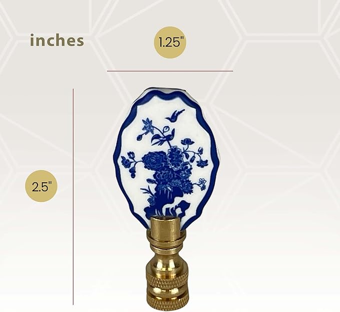 Royal Designs, Inc. Blue & White Porcelain Oval Birds Design Finial for Lamp Shade, Polished Brass