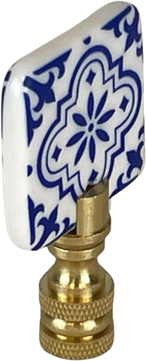 Royal Designs, Inc. Blue & White Porcelain Square Design Finial for Lamp Shade, Polished Brass