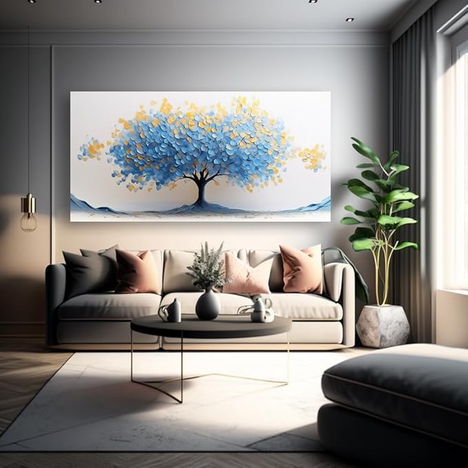 LAVIKARS Modern Tree of Life Wall Art for Living Room Office Navy Blue and Yellow Floral Abstract Landscape Canvas Painting Prints Large Nature Artwork Home Kitchen Bedroom Decor (28x58 Inches)