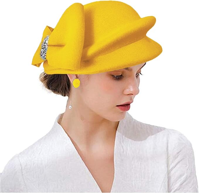ORIDOOR Women Vintage 100% Wool Felt Flowers Bucket Cloche Bowler Hat Church Wedding Beret Hat
