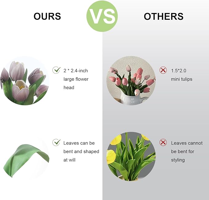 Light Purple Artificial Tulips, 2 Bundles 14Pcs, Fake Tulips Artificial Flowers, 2 x 2.4 Inch Large Flower Head Big Tulip, Easter Valentine's Day Mother's Day Home Decoration Flowers