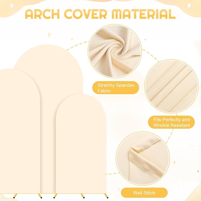 Wedding Arch Backdrop Stand and Beige Arch Cover Set of 3 (7.2FT, 6.6FT, 6FT) Metal Arch Stand Balloon Arched Frame Backdrop with Spandex Arch Stand Cover for Birthday Party Baby Shower Graduation