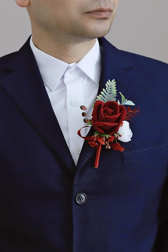 Red Corsage and Boutonniere Set, Prom Wedding Homecoming Wrist Corsage Wristlet and Boutonniere Set for Grooms Groomsmen Guest Bridal Bridesmaid Artificial Flower Suit Decoration