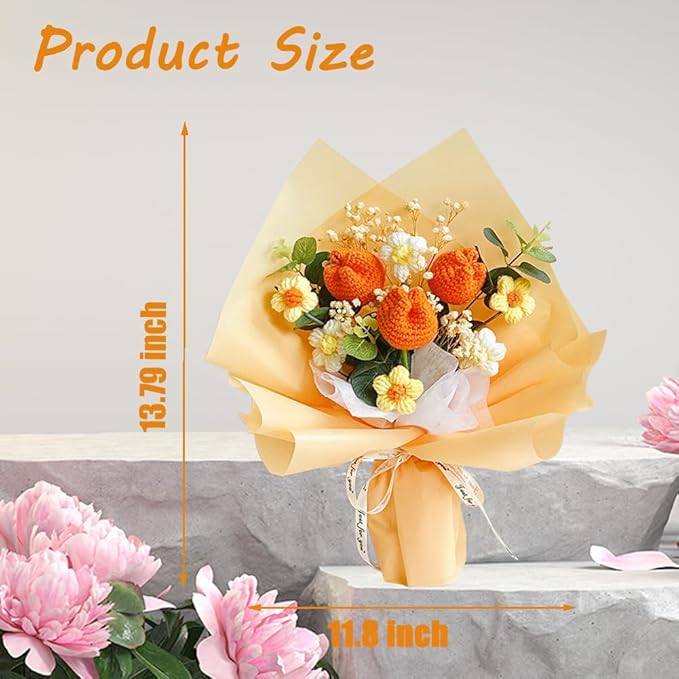 Crochet Flower Tulip Bouquet: Handmade Artificial Flower Knitted Sunflower Bouquet for Festival Wedding Graduation Anniversary (Orange)