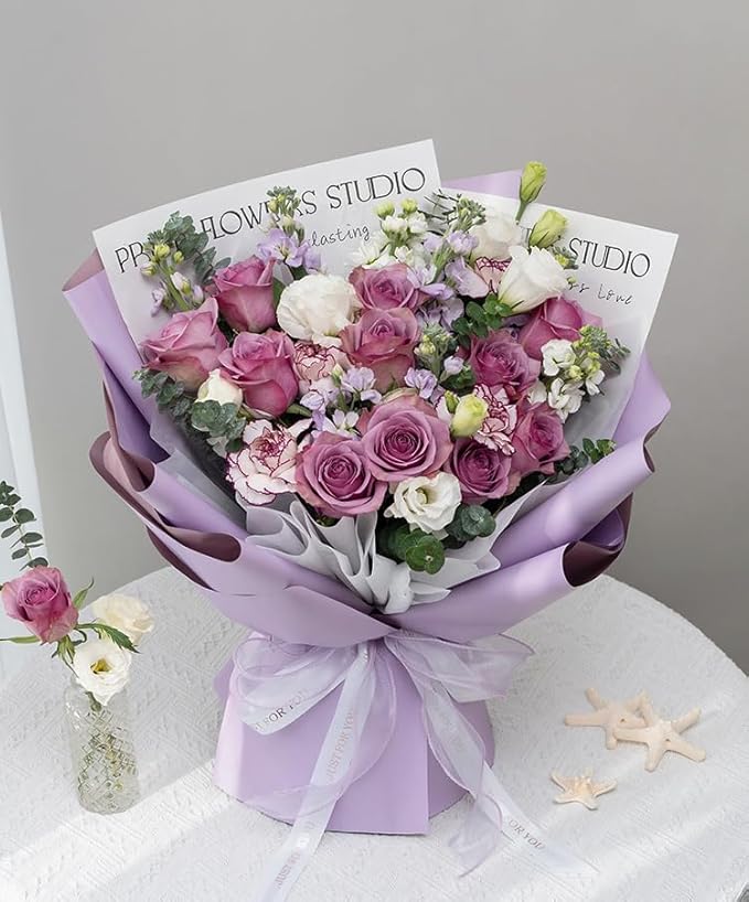 LeZakaa 20 Sheets Flower Wrapping Paper - Waterproof Reversible Floral Bouquet Paper - Purple Design for Valentine's Day, Mother's Day, Parties, Birthdays, Weddings, Baby Shower