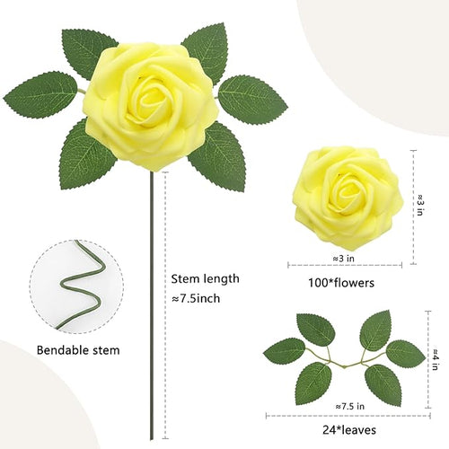 100PCS Yellow Artificial Flowers Roses Real Looking Foam Fake Roses with Leaves and for DIY Wedding Bouquets Bridal Shower Centerpieces Party Decorations (Yellow, 100)