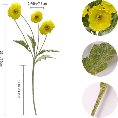12PCS Poppy Flowers Artificial 13" Real Touch Stems Faux Poppies Silk Flowers for Home Decor Indoor (Yellow)
