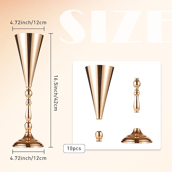 10 Pcs Flower Trumpet Vases Table Decorative Centerpiece Gold Tall Flower Vase, 16.5 Inch Metal Wedding Vases Arrangement Flower Stand for Ceremony Party Birthday, Weddings, Home Decoration