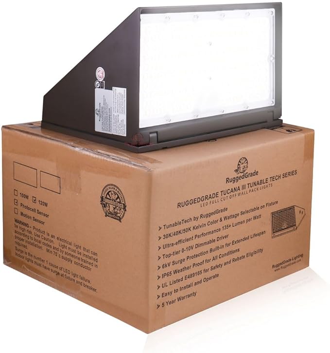 RuggedGrade 120W - Tucana III TunableTech Series - 17,200 Lumens - LED Wall Pack Light with Photocell - Color Selectable 3000K/4000K/5000K - Outdoor LED Light - DLC 5.1 Premium