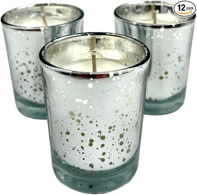 Mister Candle Unscented Silver Mercury Glass Votive Candles, 2" Filled Candle Jars for Centerpieces, Wedding Décor, Events, Home & Party Ambiance, Set of 12