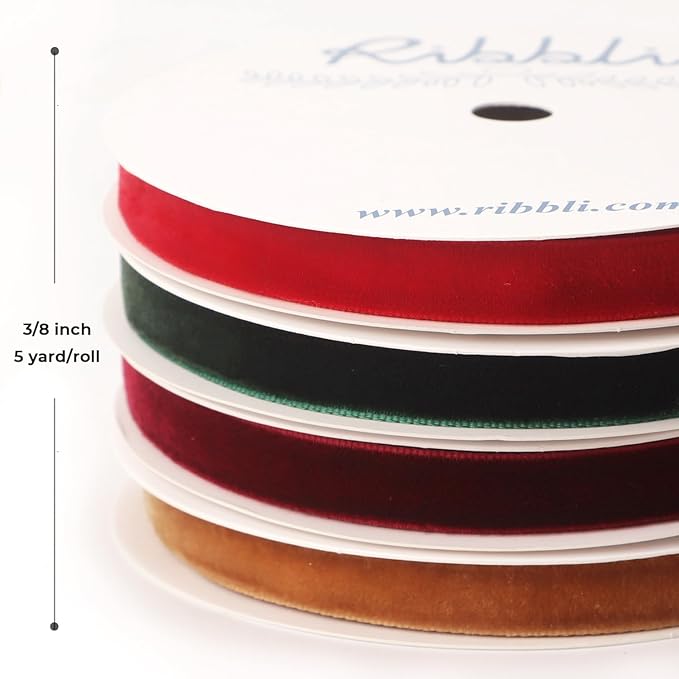 Ribbli 4 Rolls Velvet Ribbon, 3/8 Inches 5-Yard Each Roll, Christmas Ribbon for Gift Wrapping, Christmas Tree Decoration, Home Decor-Red/Green/Burgundy/Khaki