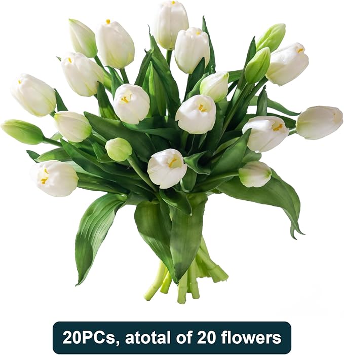 20PCS Fake Tulips Artificial Tulip Silk Flowers Fake PU Bouquet Artificial Flowers Faux Flowers with Gift Box Soft Faux Tulips Bouquets Arrangements for Party Wedding Home