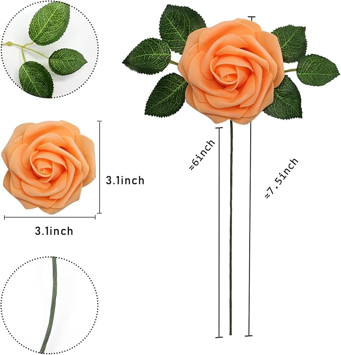 Artificial Roses Flowers 50pcs Real Looking Foam Fake Roses with Stems for DIY Wedding Bouquets Bridal Shower Centerpieces Party Decorations (50, Orange)