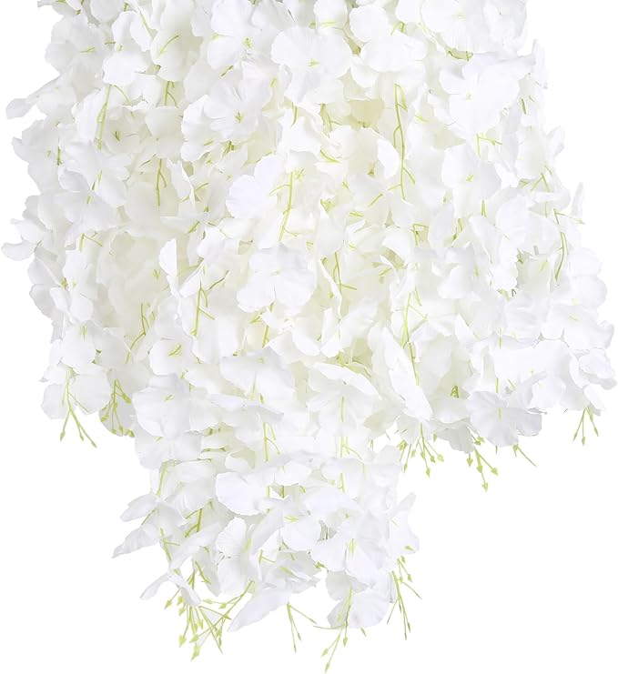 12pcs Wisteria Hanging Flowers 3.6ft Wisteria Artificial Flowers Vines White Silk Long Flowers Garland Fake Flower Ratta String for Wedding Arch Home Party Wall Backdrop Decorations (White)