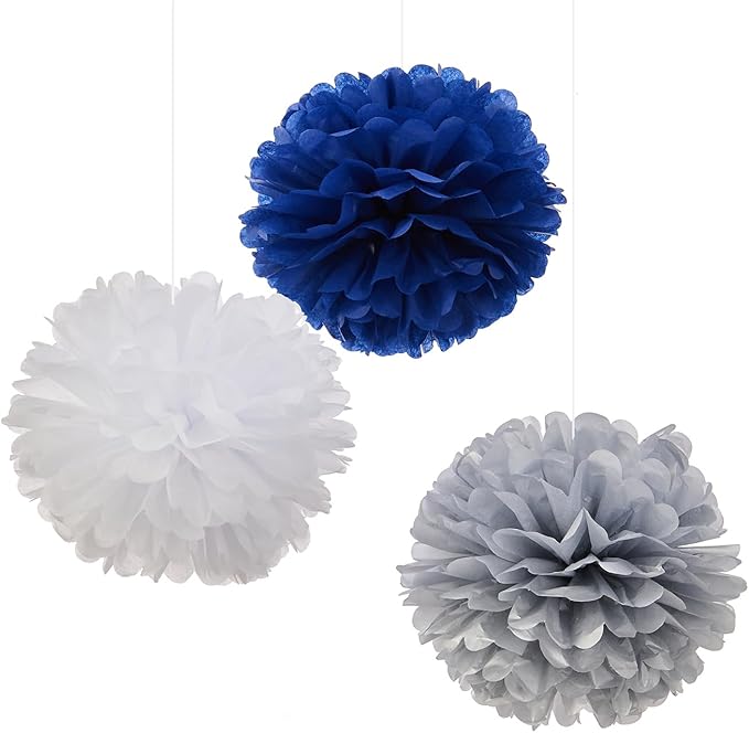 WEVEN Tissue Pom Poms Tissue Paper Flowers Tissue Fluff Balls Party Decorations 12-Inch Pack of 12 (Blue, White, Silver)