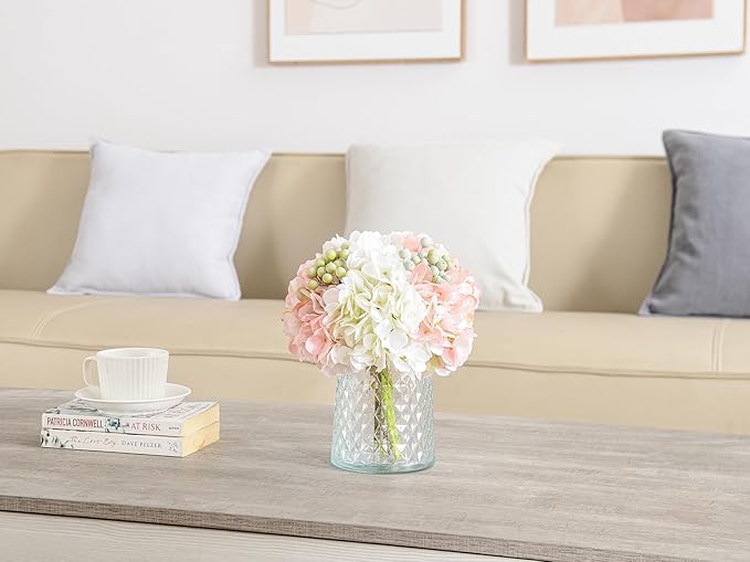 Wracra Hydrangeas Floral Arrangement in Glass Vase, Fake Flowers Silk Hydrangea Artificial Flowers with Vase for Home Office Decoration, Dining Table Centerpiece(Pink)