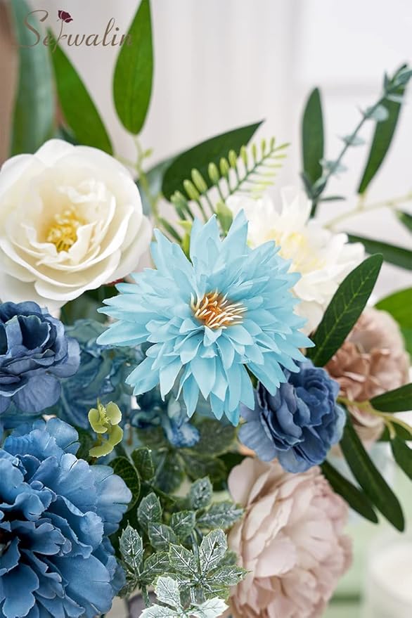 Serwalin Artificial Flowers Blue Silk Fake Flowers Cake Flowers for DIY Wedding Bouquets Bridal Shower Centerpieces Floral Arrangements Party Home Decorations