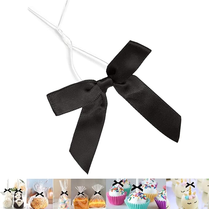 50 PCS 3 Inch Black Twist Bows for Treat Bags, Satin Twist Tie Bows, Pre Tied Bows with Wire, Ribbon Bows with Twist Ties, Bow Ties for Gift Bags, Popcorn Bags, Cookie Bags, Party Favors