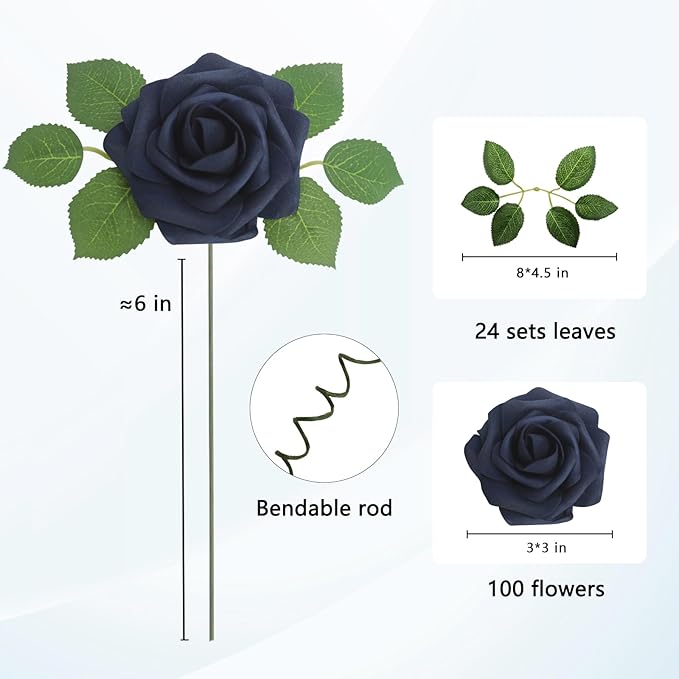 JOYLEX 100Pcs Navy Blue Artificial Flowers Realistic Roses, Real Looking Fake Roses with Stem for DIY Wedding Bouquets Centerpieces Party Home Romantic Decorations (Navy Blue, 100pcs)