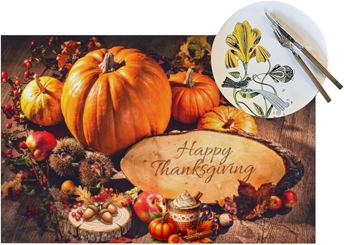 PVC Placemats Set of 1 Wipeable Table Mats Washable Heat Resistant Non Slip Vinyl Dining Table Mat for Kitchen Indoor Outdoor Patio Farmhouse Place Mats Thanksgiving Pumpkin Decorate Decorative