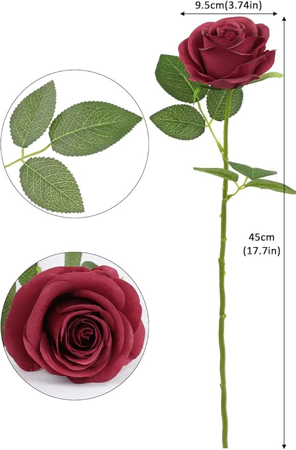 50pcs Roses Artificial Flowers Fake Flowers with Long Stems Burgundy Silk Flowers for Wedding Bouquet Centerpices Decorations Party Bridal Baby Shower Home Decor