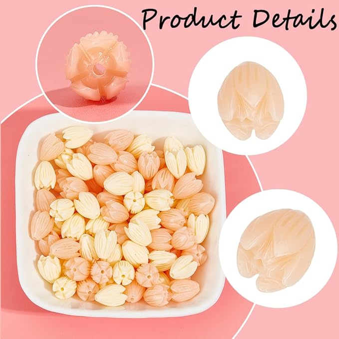 1 Box 100pcs Flower Shape Beads Light Pink Flower Beads Artificial Synthetic Coral Peach Color and Creamy White Spring Flowers Loose Spacer Jasmine Bead for Jewelry Making Necklace Bracelet