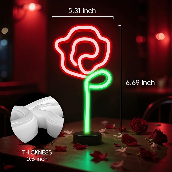 Rose Neon Sign - Red rose Flower with Green Stem Neon Art Wall Decor USB or 3-AA Battery Powered Operated for Girls Bedroom Birthday Gift Party Wedding Rose Lights for Bedroom (Red*2)
