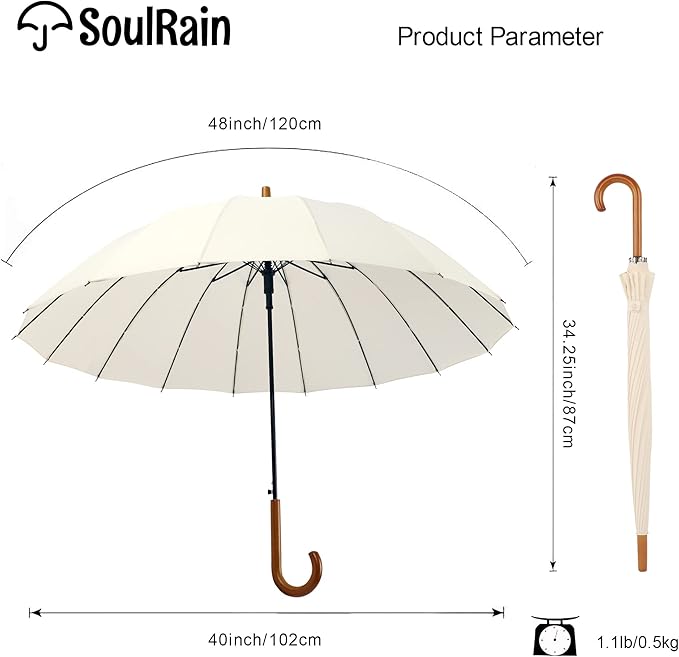 SoulRain 16 Ribs 48" Stick Umbrella Auto Open Solid Color Fashionable and Simple，Arc Classic Wood Handle，Windproof Unbreakable Stick Rain Umbrella