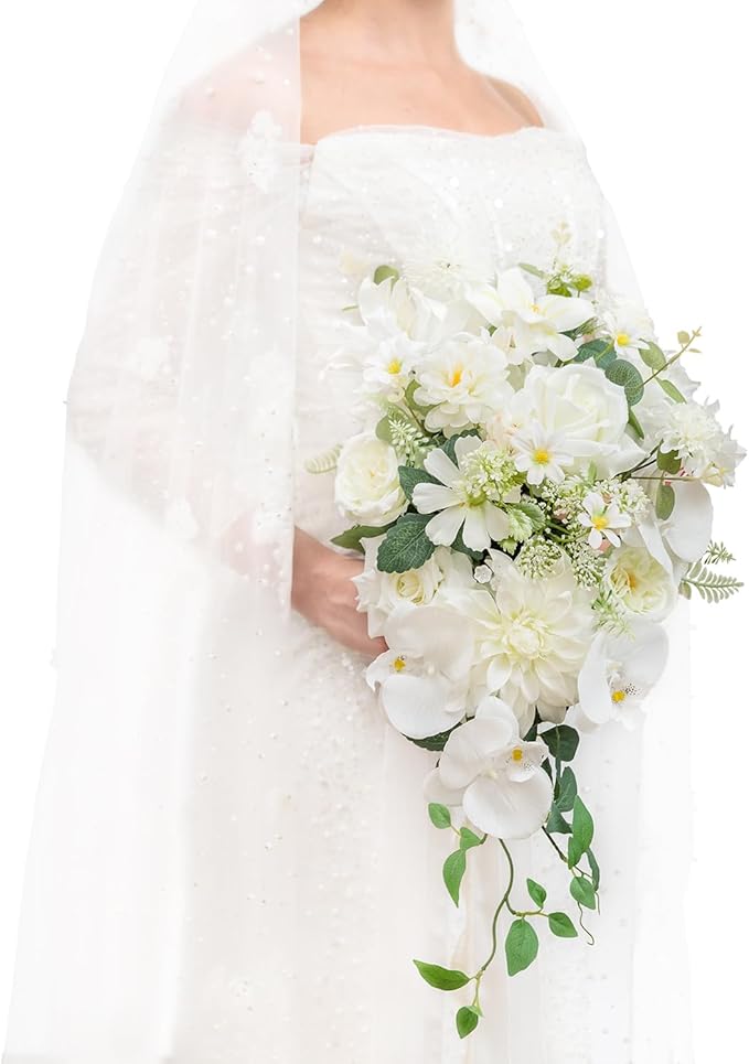 TINGE TIME 11 Inch Wedding Bouquets for Bride, IvoryWhite Artificial Flowers Bouquet, Brides & Bridesmaids Bouquet for Wedding Anniversary Ceremony Bridal Shower Decorations