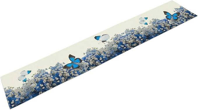 Butterfly Floral Table Runner, Blue White Hydrangea Flowers Bloom Spring Garden Theme Table Runner for Kitchen Dining Holiday Party Wedding, 13x108 Inch