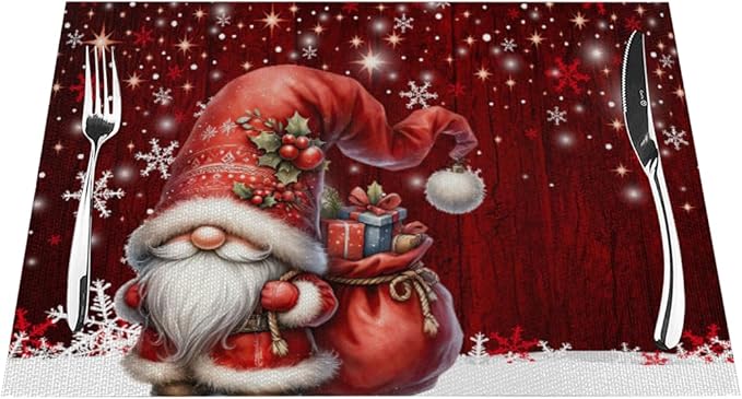 PVC Placemats Set of 1 Wipeable Table Mats Washable Heat Resistant Non Slip Vinyl Dining Table Mat for Kitchen Indoor Outdoor Patio Farmhouse Place Mats Red Santa Claus Gnome Decorative
