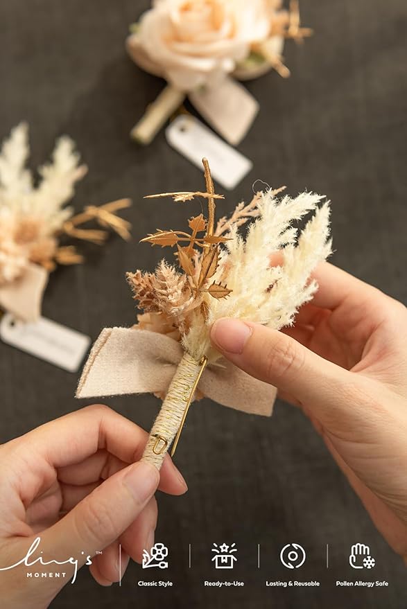 Ling's moment Boutonniere for Men, 6pcs Groom Groomsmen Boutonniere, Artificial Flowers for Wedding Decor/Prom/Homecoming, etc.White Nude
