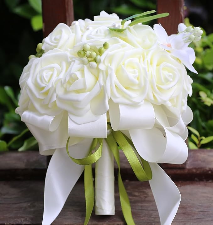 Lightweight Bridal Wedding Bouquet Round Holding Bouquet Throw Toss Artificial Rose Flower Bunch for Bride Bridesmaid Wedding Quinceanera (Cream, 7.9")