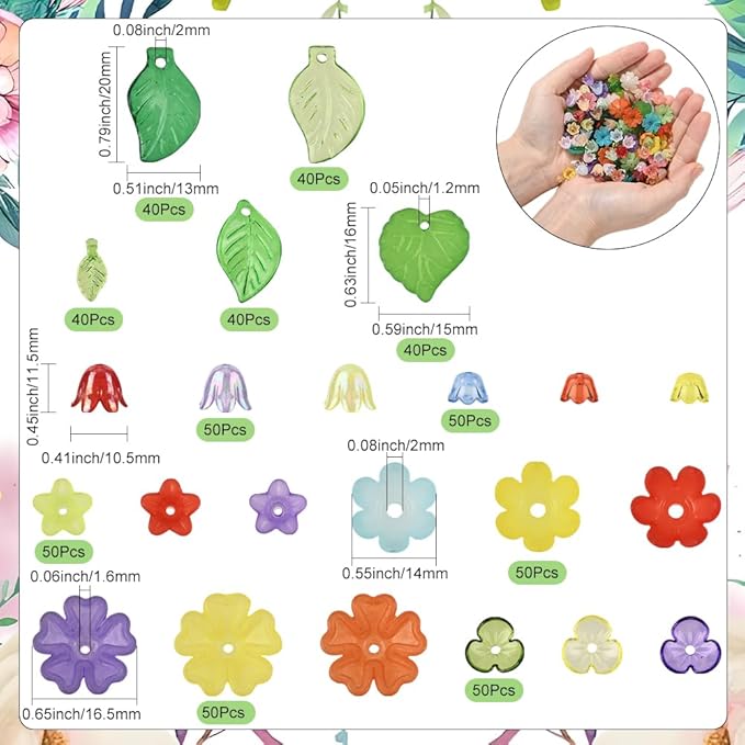 SUNNYCLUE 1 Box 500Pcs Acrylic Flower Beads Kit Flowers and Leaves Beads Set Cute Green Leaf Colorful Floral Blossom Caps Spring Themed Spacer for Jewelry Making DIY Necklace Bracelet Crafts Women