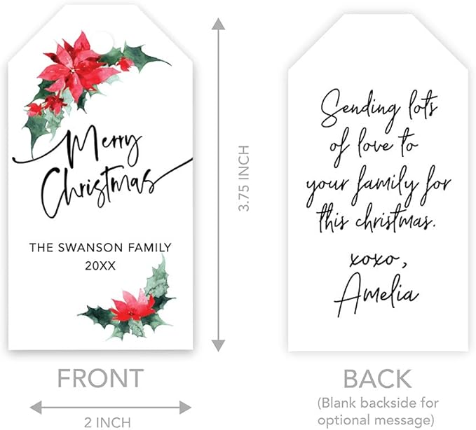 Andaz Press Personalized Christmas Holiday Season Classic Gift Tags, Merry Christmas Custom Family Name and Year, Poinsettia Design, for Holiday Events, Parties, and Favors, 60-Pack