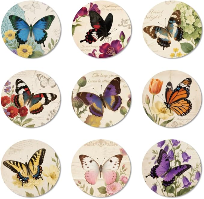 ANATTASOUL Coasters Set of 9 Vintage Floral and Butterfly Pattern Colorful Wooden Coasters Bulk Round Housewarming Gift for New Home, 3.9" Decorative Coffee Table Protection for Farmhouse Bar Decor