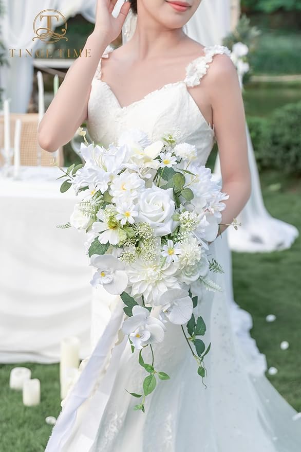 TINGE TIME 11 Inch Wedding Bouquets for Bride, IvoryWhite Artificial Flowers Bouquet, Brides & Bridesmaids Bouquet for Wedding Anniversary Ceremony Bridal Shower Decorations