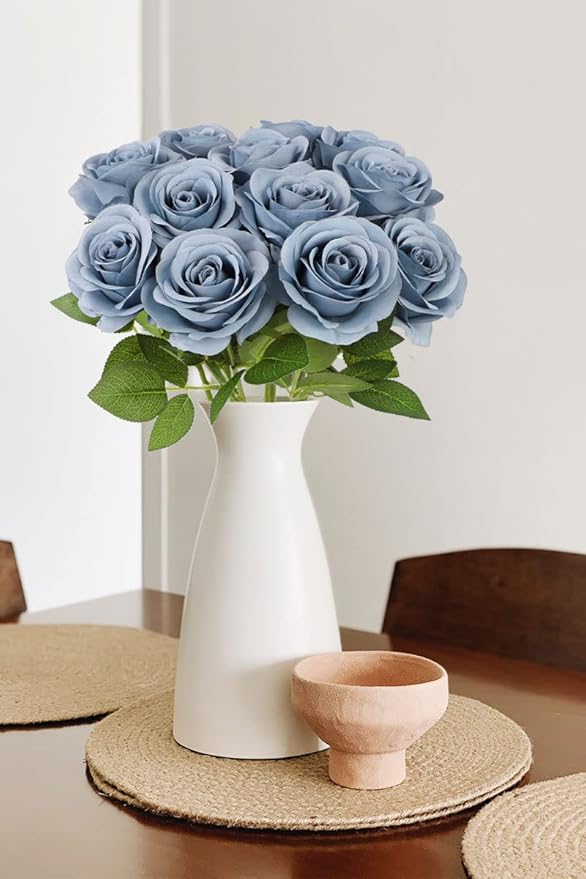 30pcs Roses Artificial Flowers Dusty Blue Silk Roses with Long Stems Fake Flowers for Wedding Bouquet Centerpices Decorations Party Bridal Baby Shower Home Decor