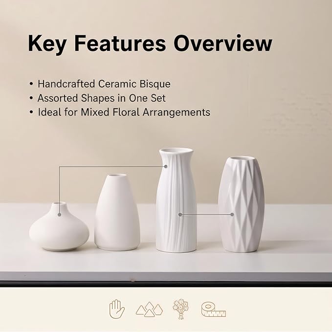 Set of 9 Ceramic Bud Vases for Pampas Grass Flowers, Small Vases in Bulk for Centerpieces Boho Vases for Wedding Decorations Neutral Living Room and Bedroom Decor DIY Gift (White-2)