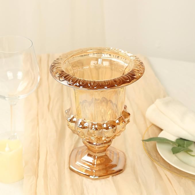 Efavormart 2 Pack Amber Gold Glass Flower Vases in Classic Roman Urn Style, Mini Pedestal Vase Table Centerpieces - 8"