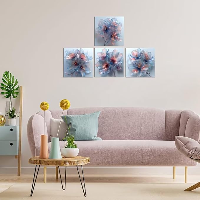 Pankila Abstract Flower Wall Art Blooming Flowers Pictures Canvas Prints Blue Pink Flower Wall Decor for Living Room Bedroom Bathroom Home Decorations Painting Framed Artwork (24''W x 24''H x 4)