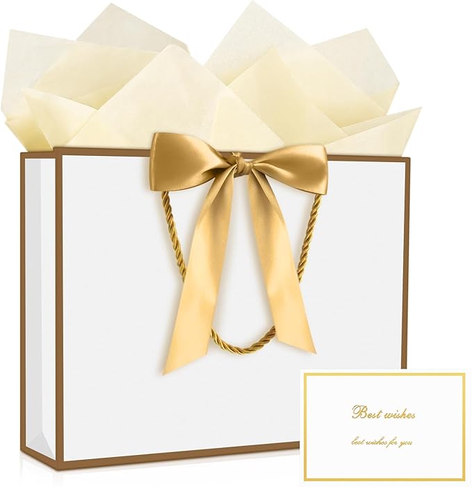 JMANNI Gift Bag, 1PCS Gift Bags Large with Ribbon and 1 Greeting Cards 2 Tissue Paper, Portable Paper Gift Bag with Handles, Birthday Gift Bags,Present Bags for Wedding Party Mothers Day