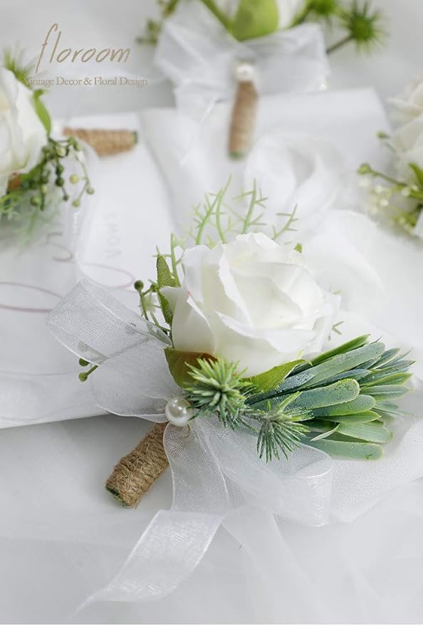 Floroom Ivory Rose Boutonnieres for Best Men Groom Groomsmen White Wedding Prom Set of 2
