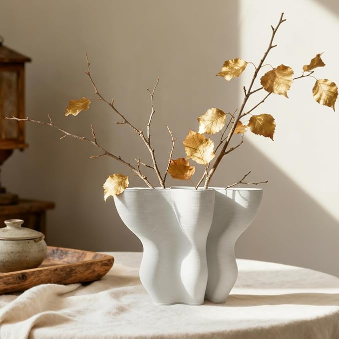 Contemporary White Ceramic Vase, Abstract Irregular Shape Sculptural Accent for Home Decor, Modern Artistic Centerpiece for Coffee Table or Bookshelf