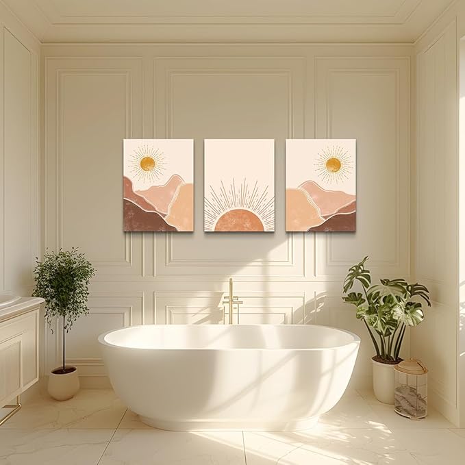 Boho 3 Piece Large Size Canvas Wall Art - Minimalist Abstract Mountain Sunshine Paintings For Living Room, Bedroom, Office & Children's Room Decor