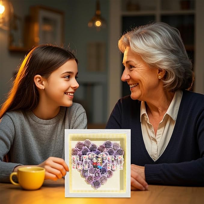 Personalized Mom Flower Shadow Box with LED Light Custom Heart Shaped Rose Flower Shadow Box Frame Mother's Day Rose Shadowbox Memory Gifts for Mom from Daughter Christmas Birthday,24