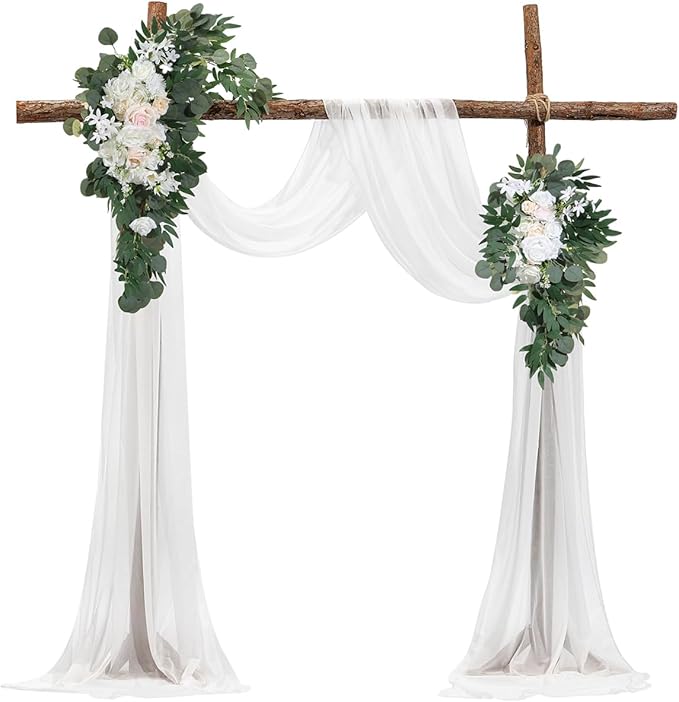 VEVOR Artificial Wedding Arch Flowers Kit, White Wedding Arch Flowers with Drapes Kit (Pack of 4) - 2 Pcs Floral Arrangement, 2 Pcs Sheer Drapes, for Ceremony Bouquets Reception Backdrop Decoration